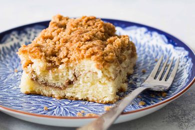 A coffee cake on blue plate